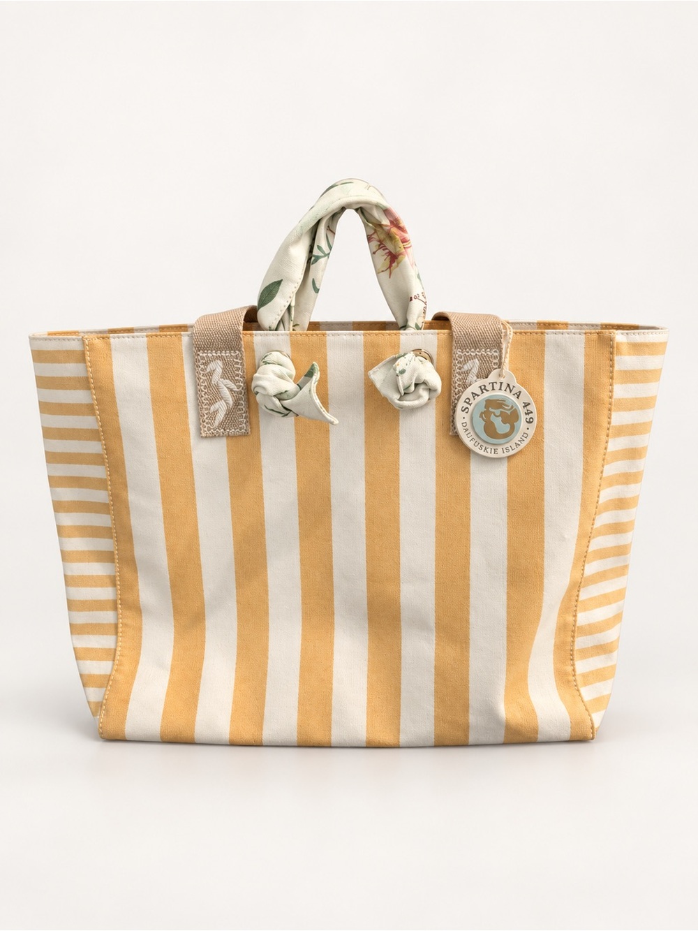 Spartina 449 Yellow and Cream Striped Canvas Tote with Floral-Wrapped Handles